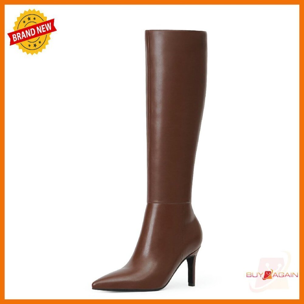 Knee High Boots Pointed Toe 3 Inch Stiletto Heel Side Zipper PU Leather